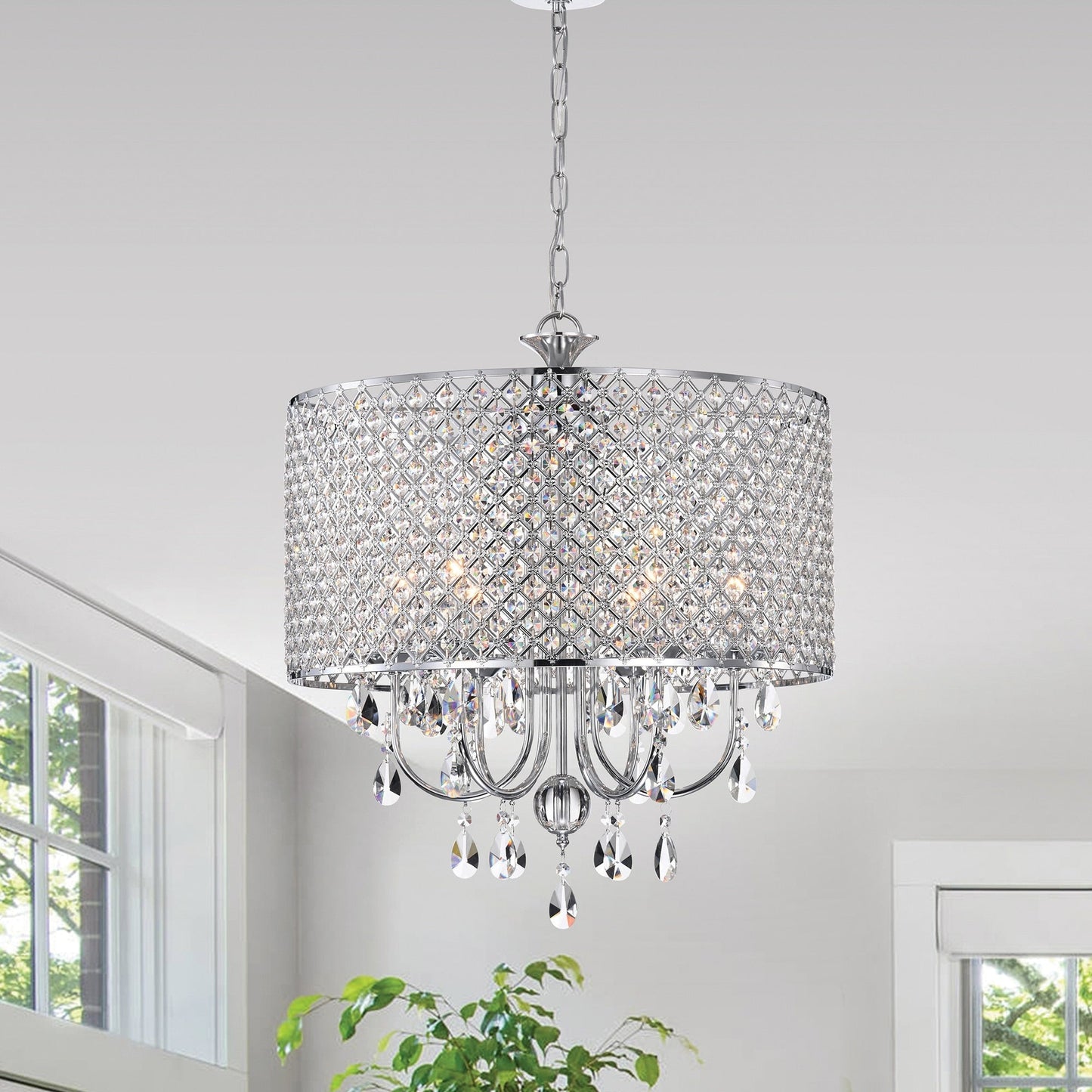 Suspension tambour ronde perlée avec cristaux suspendus