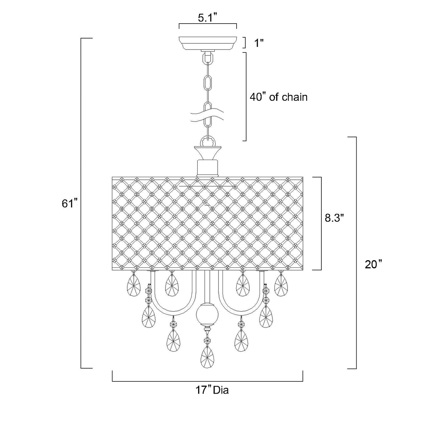Suspension tambour ronde perlée avec cristaux suspendus