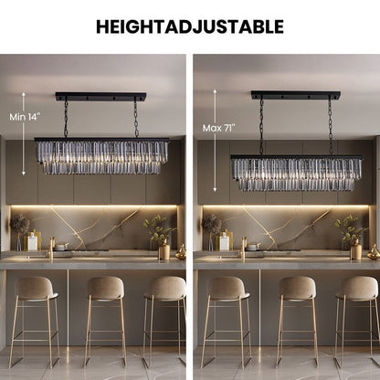 Luminaire suspendu à 2 niveaux pour îlot de cuisine, style moderne et contemporain, avec cristaux, gris fumé et noir, 47 po. Idéal pour salle à manger.
