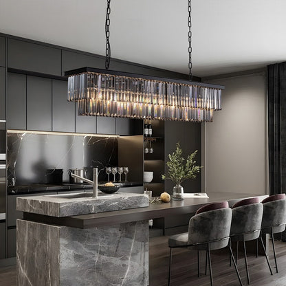 Luminaire suspendu à 2 niveaux pour îlot de cuisine, style moderne et contemporain, avec cristaux, gris fumé et noir, 47 po. Idéal pour salle à manger.