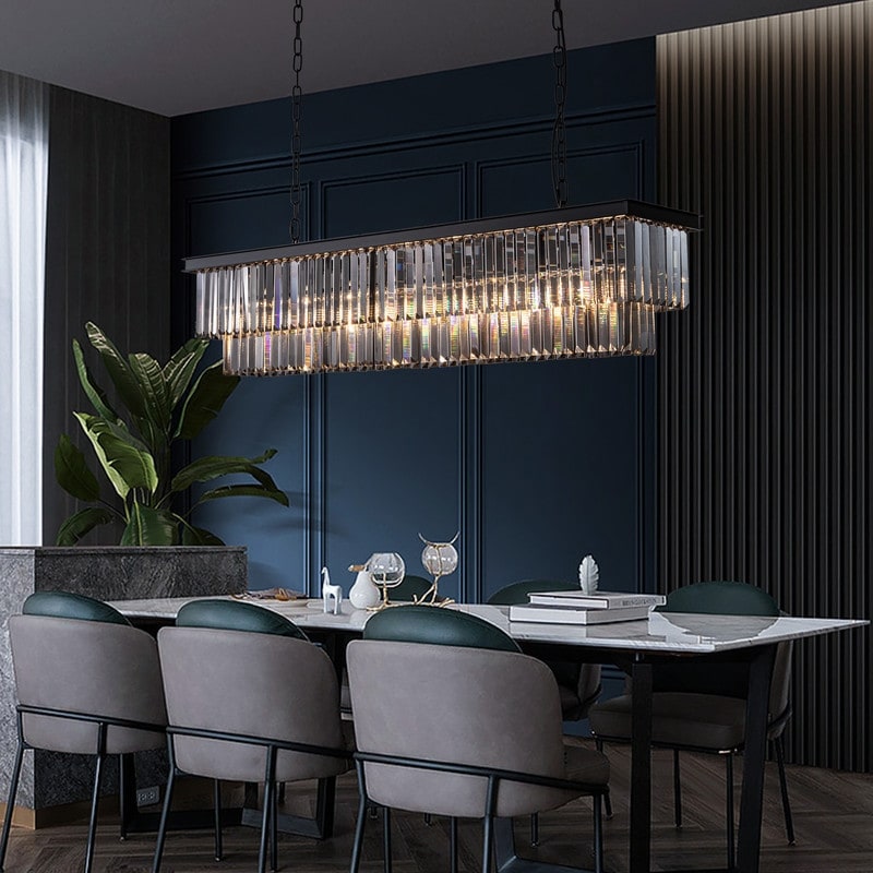 Luminaire suspendu à 2 niveaux pour îlot de cuisine, style moderne et contemporain, avec cristaux, gris fumé et noir, 47 po. Idéal pour salle à manger.