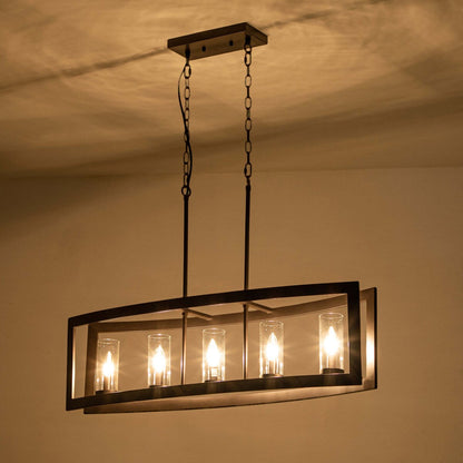 Suspension rectangulaire en verre vintage à 5 lumières, style industriel moderne du milieu du siècle, pour îlot de cuisine.