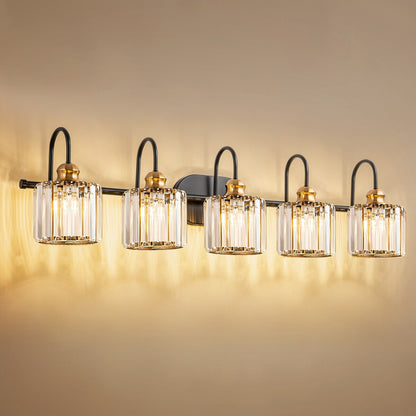 Éclairage de salle de bain linéaire à 5 lumières, à intensité variable, avec abat-jour en cristal cylindrique, style glamour.