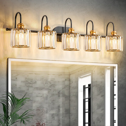 Éclairage de salle de bain linéaire à 5 lumières, à intensité variable, avec abat-jour en cristal cylindrique, style glamour.