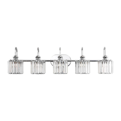 Éclairage de salle de bain linéaire à 5 lumières, à intensité variable, avec abat-jour en cristal cylindrique, style glamour.