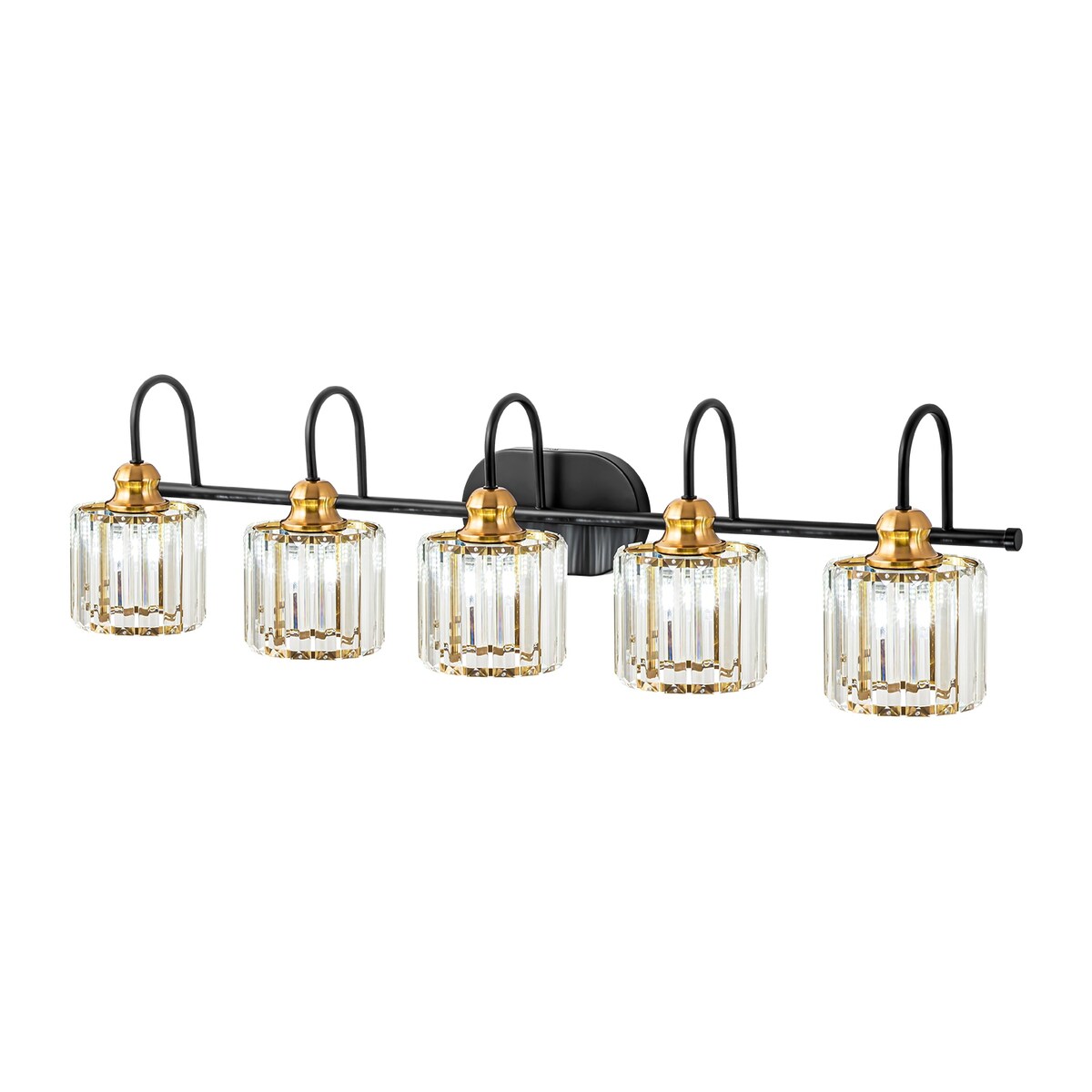 Éclairage de salle de bain linéaire à 5 lumières, à intensité variable, avec abat-jour en cristal cylindrique, style glamour.