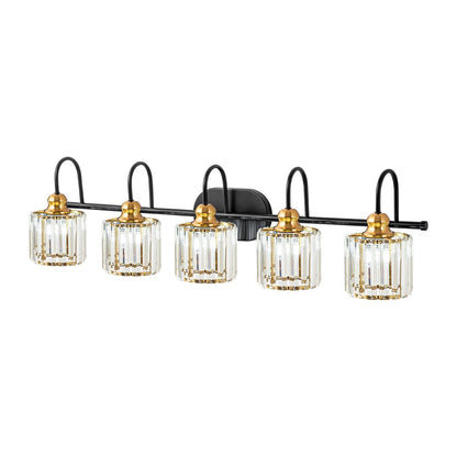 Éclairage de salle de bain linéaire à 5 lumières, à intensité variable, avec abat-jour en cristal cylindrique, style glamour.