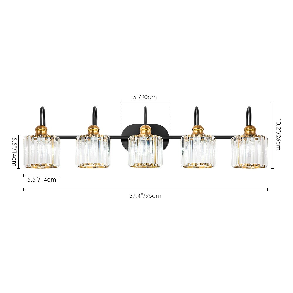 Éclairage de salle de bain linéaire à 5 lumières, à intensité variable, avec abat-jour en cristal cylindrique, style glamour.