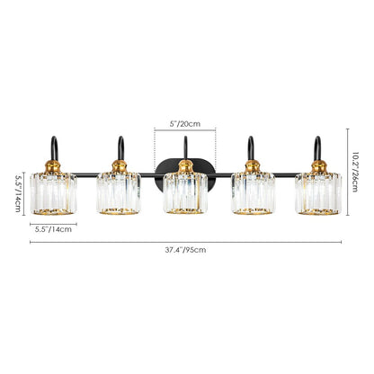 Éclairage de salle de bain linéaire à 5 lumières, à intensité variable, avec abat-jour en cristal cylindrique, style glamour.