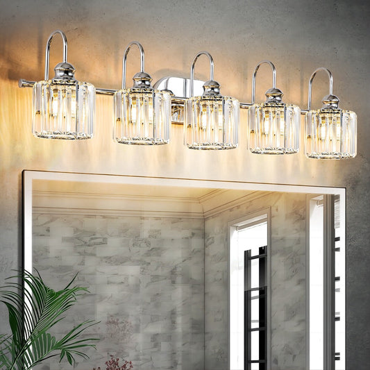 Éclairage de salle de bain linéaire à 5 lumières, à intensité variable, avec abat-jour en cristal cylindrique, style glamour.
