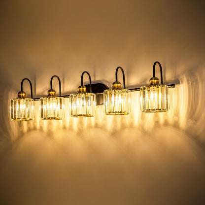 Éclairage de salle de bain linéaire à 5 lumières, à intensité variable, avec abat-jour en cristal cylindrique, style glamour.