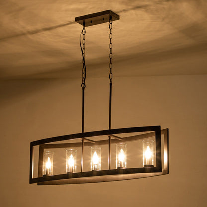 Suspension industrielle linéaire moderne à 5 lumières pour salle à manger, lustre cylindrique en verre transparent style farmhouse, éclairage pour îlot de cuisine