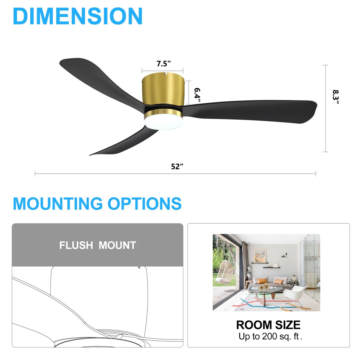 Ventilateur de plafond LED à encastrer de 52 pouces noir/blanc avec éclairage et télécommande (3 pales)