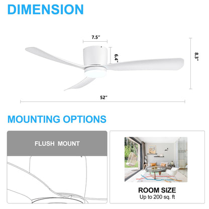 Ventilateur de plafond LED à encastrer de 52 pouces noir/blanc avec éclairage et télécommande (3 pales)