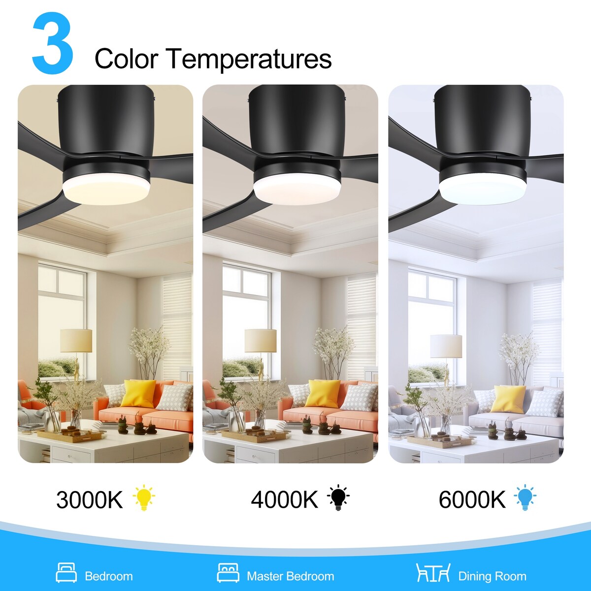 Ventilateur de plafond LED à encastrer de 52 pouces noir/blanc avec éclairage et télécommande (3 pales)