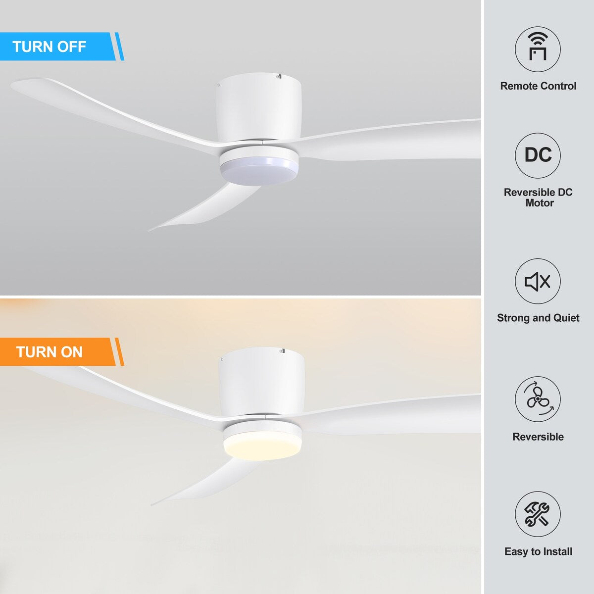Ventilateur de plafond LED à encastrer de 52 pouces noir/blanc avec éclairage et télécommande (3 pales)