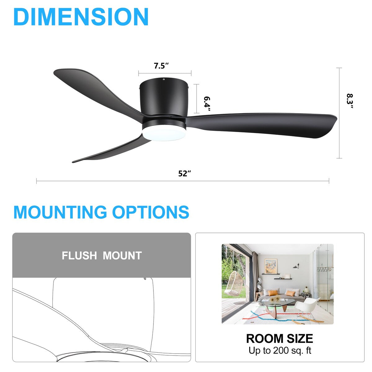 Ventilateur de plafond LED à encastrer de 52 pouces noir/blanc avec éclairage et télécommande (3 pales)