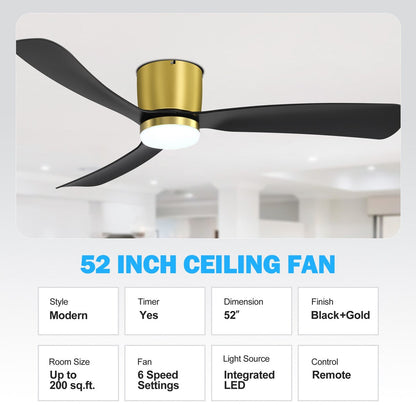Ventilateur de plafond LED à encastrer de 52 pouces noir/blanc avec éclairage et télécommande (3 pales)