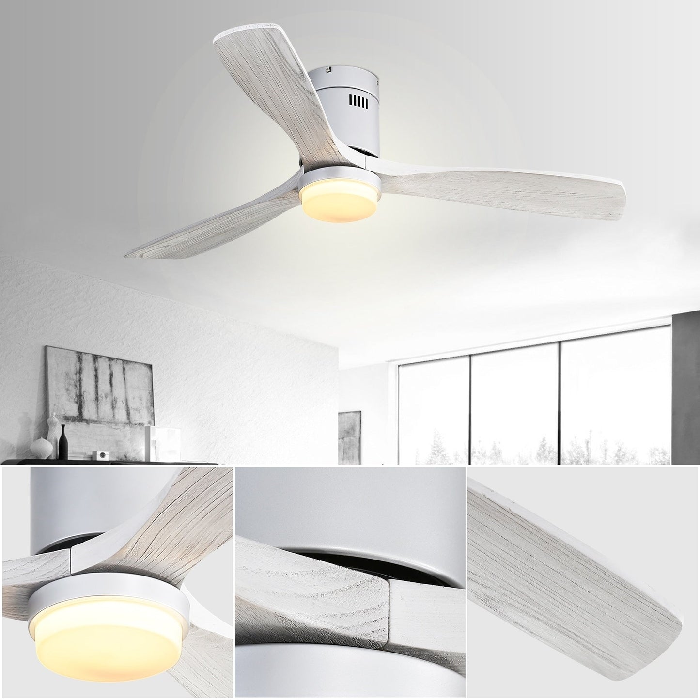 Ventilateur de plafond Sofucor à montage encastré de 52 pouces avec télécommande, moteur réversible, éclairage intégré en option.