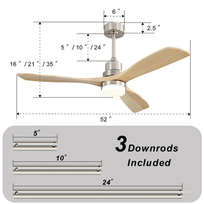 Ventilateur de plafond intérieur en bois Sofucor 52 avec télécommande, éclairage intégré en option.