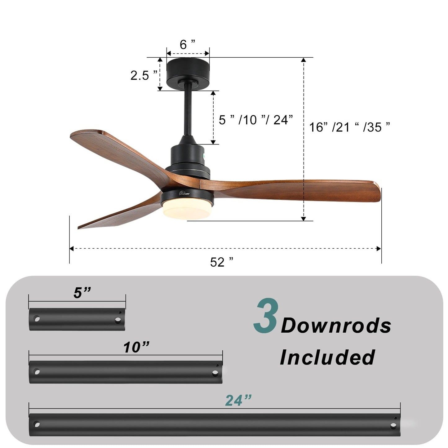 Ventilateur de plafond intérieur en bois Sofucor 52 avec télécommande, éclairage intégré en option.