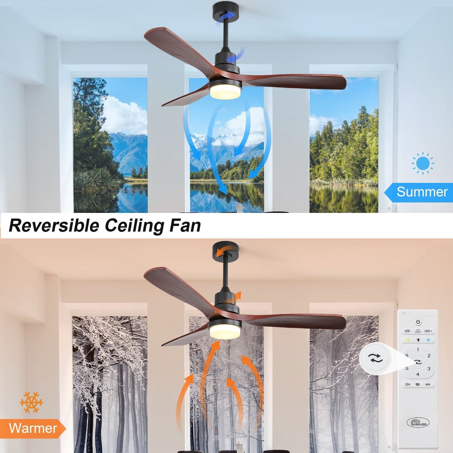 Ventilateur de plafond intérieur en bois Sofucor 52 avec télécommande, éclairage intégré en option.