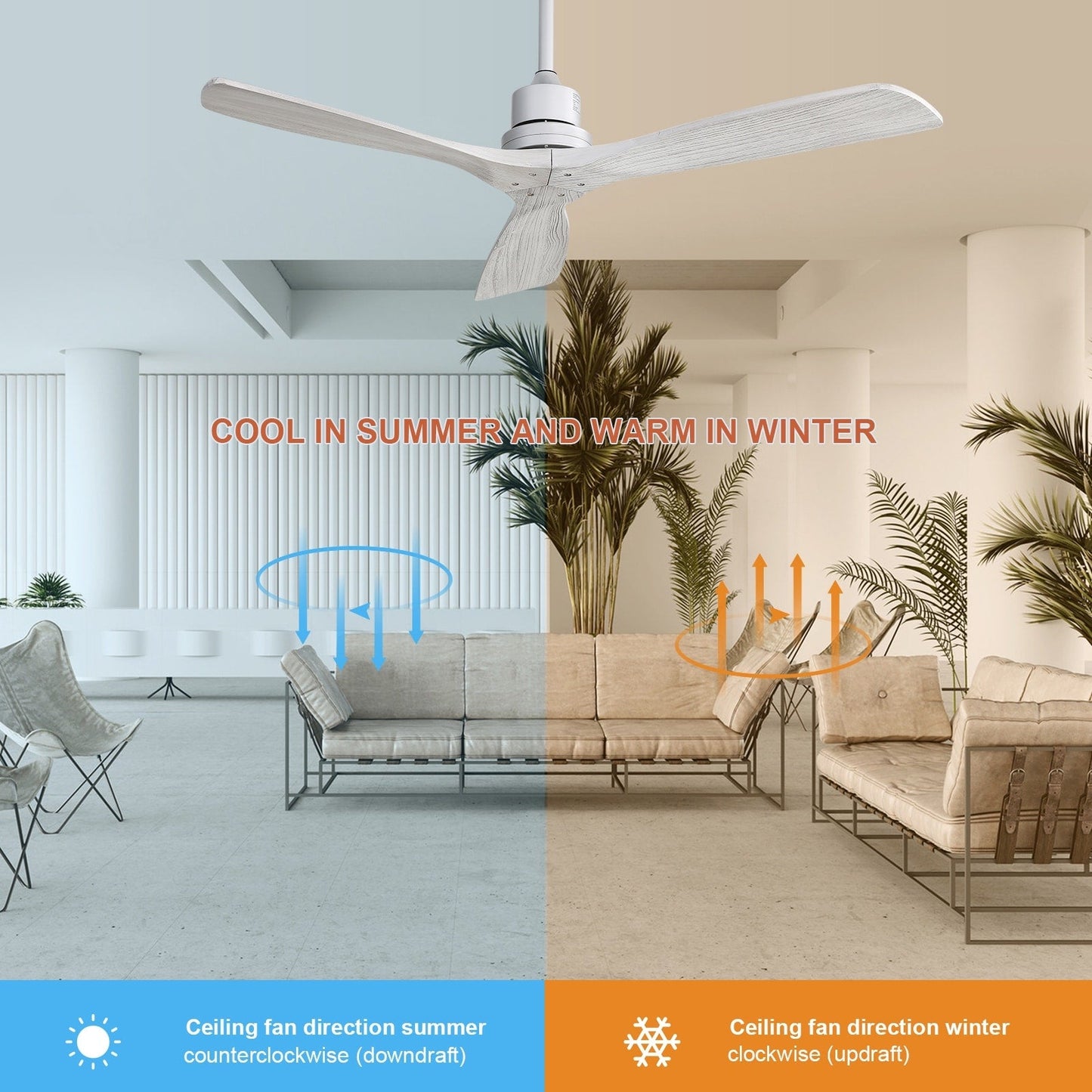 Ventilateur de plafond intérieur en bois Sofucor 52 avec télécommande, éclairage intégré en option.