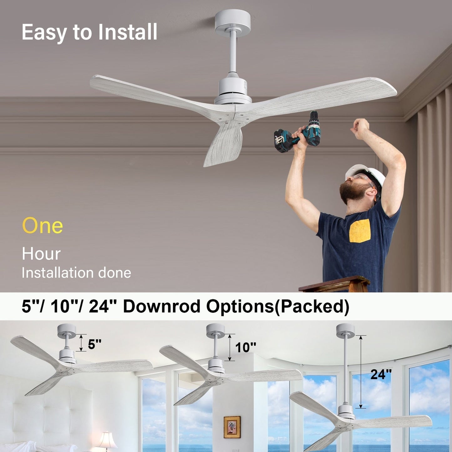 Ventilateur de plafond intérieur en bois Sofucor 52 avec télécommande, éclairage intégré en option.