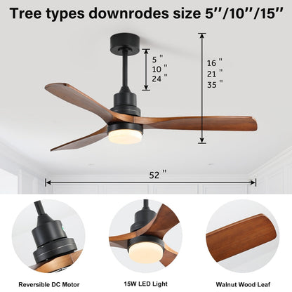 Ventilateur de plafond intérieur en bois Sofucor 52 avec télécommande, éclairage intégré en option.
