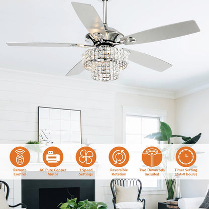 Ventilateur de plafond moderne à 5 pales en bois chromé de 52 pouces avec télécommande et cristaux.