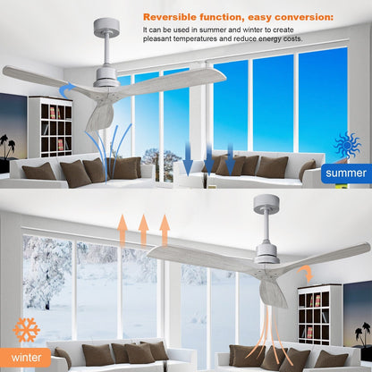 Ventilateur de plafond moderne de 52 pouces en bois massif/ABS avec télécommande (sans éclairage), 6 vitesses de ventilation, flux d'air réversible.