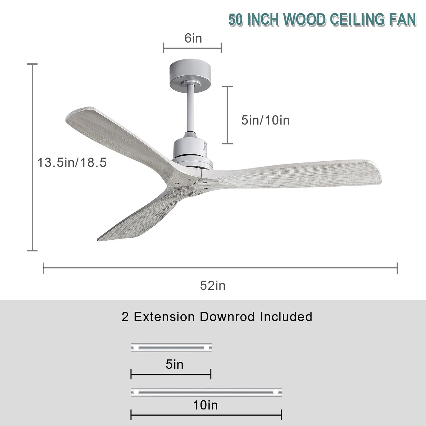 Ventilateur de plafond moderne de 52 pouces en bois massif/ABS avec télécommande (sans éclairage), 6 vitesses de ventilation, flux d'air réversible.