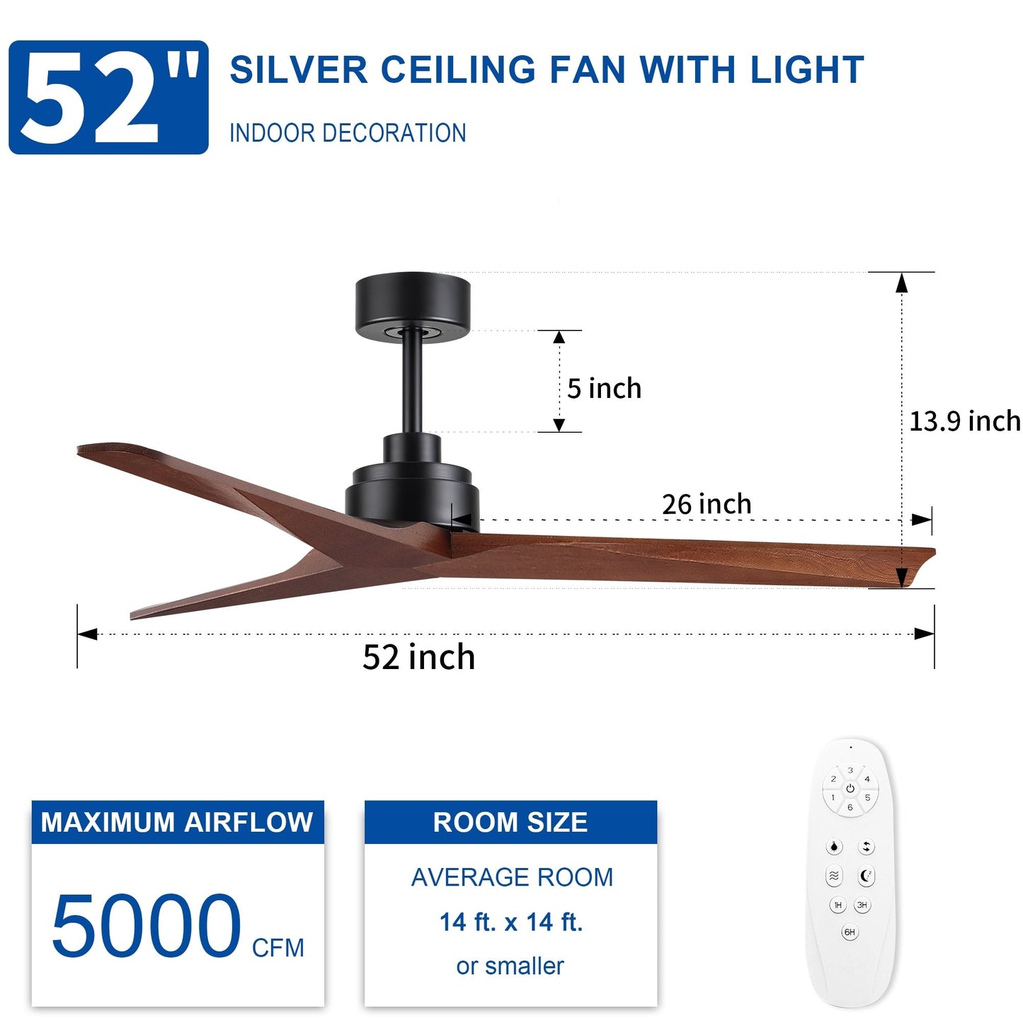Ventilateur de plafond moderne de 52 pouces en bois massif/ABS avec télécommande (sans éclairage), 6 vitesses de ventilation, flux d'air réversible.