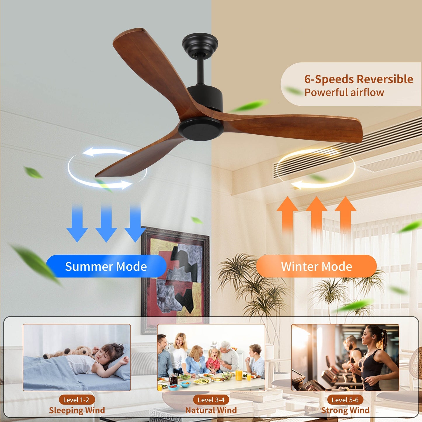 Ventilateur de plafond moderne de 52 pouces en bois massif/ABS avec télécommande (sans éclairage), 6 vitesses de ventilation, flux d'air réversible.