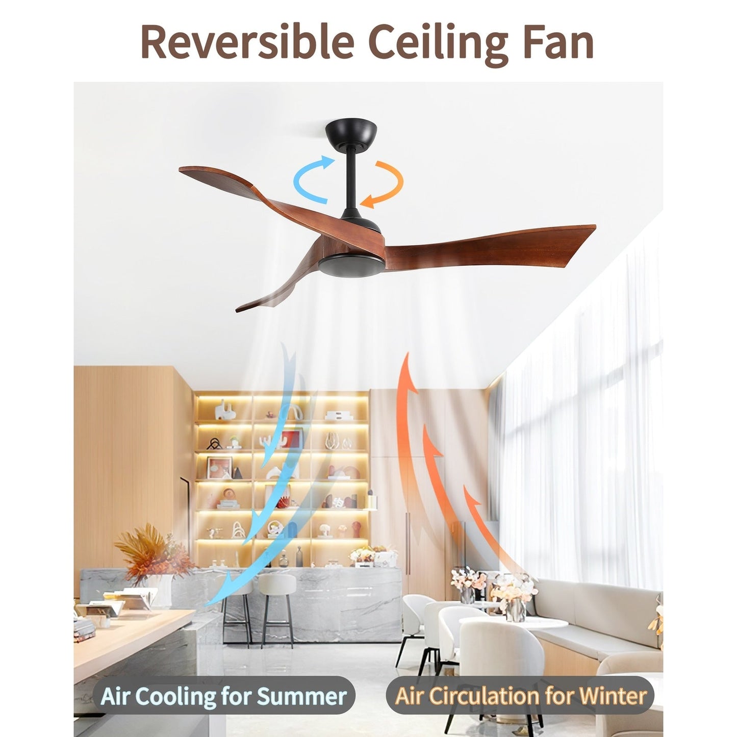 Ventilateur de plafond moderne de 52 pouces en bois massif/ABS avec télécommande (sans éclairage), 6 vitesses de ventilation, flux d'air réversible.