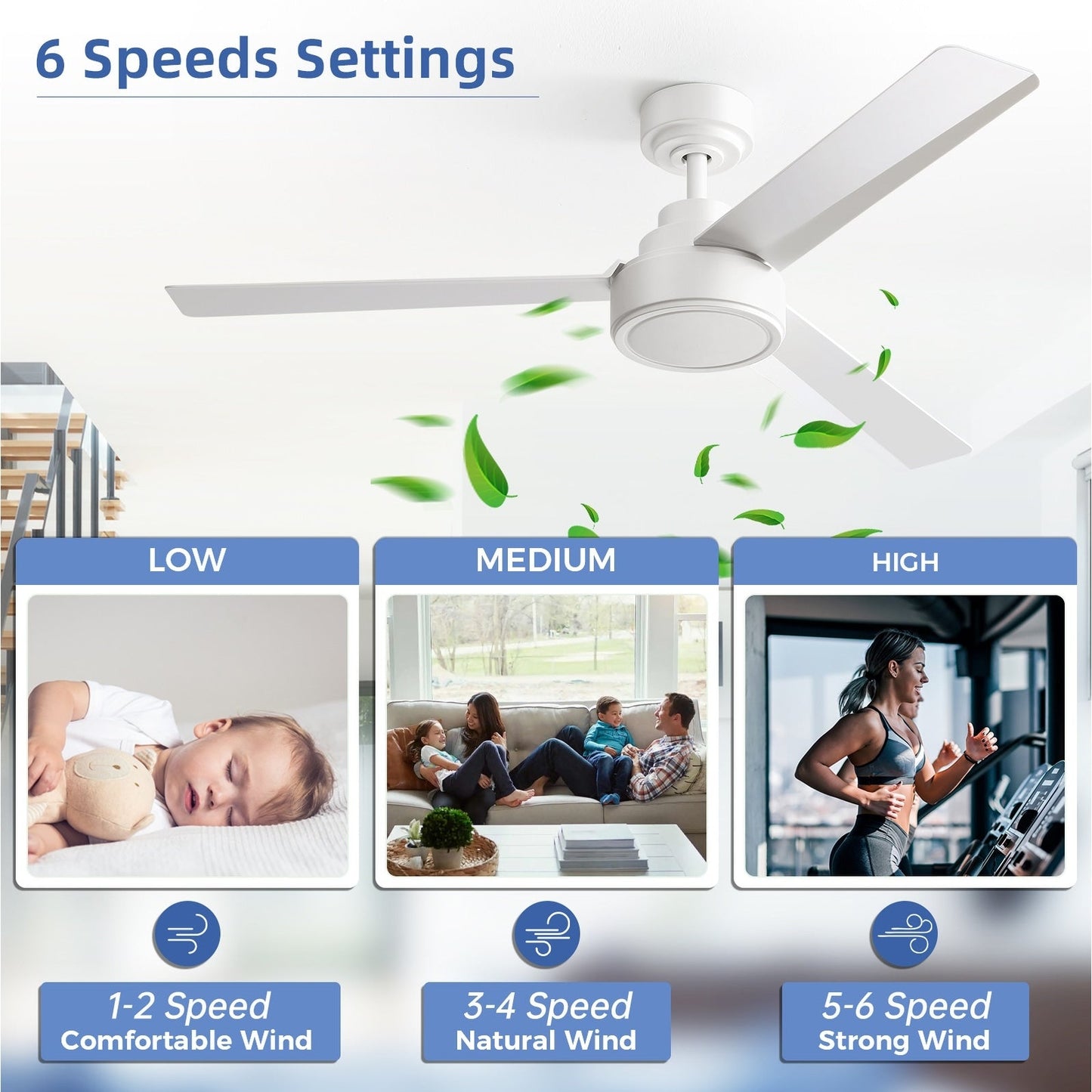 Ventilateur de plafond moderne de 52 pouces en bois massif/ABS avec télécommande (sans éclairage), 6 vitesses de ventilation, flux d'air réversible.