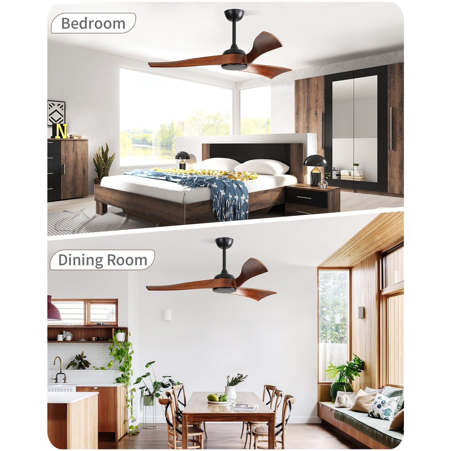 Ventilateur de plafond moderne de 52 pouces en bois massif/ABS avec télécommande (sans éclairage), 6 vitesses de ventilation, flux d'air réversible.