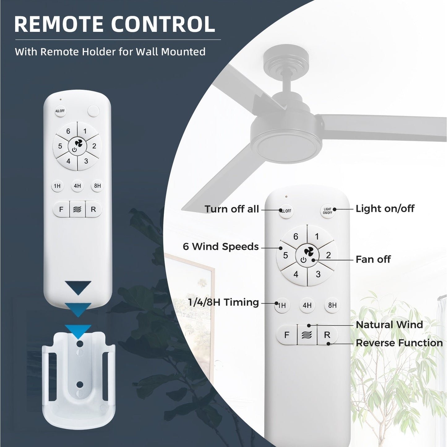 Ventilateur de plafond moderne de 52 pouces en bois massif/ABS avec télécommande (sans éclairage), 6 vitesses de ventilation, flux d'air réversible.