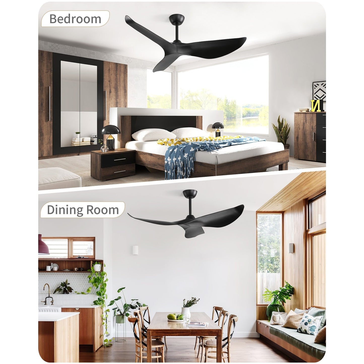 Ventilateur de plafond moderne de 52 pouces en bois massif/ABS avec télécommande (sans éclairage), 6 vitesses de ventilation, flux d'air réversible.