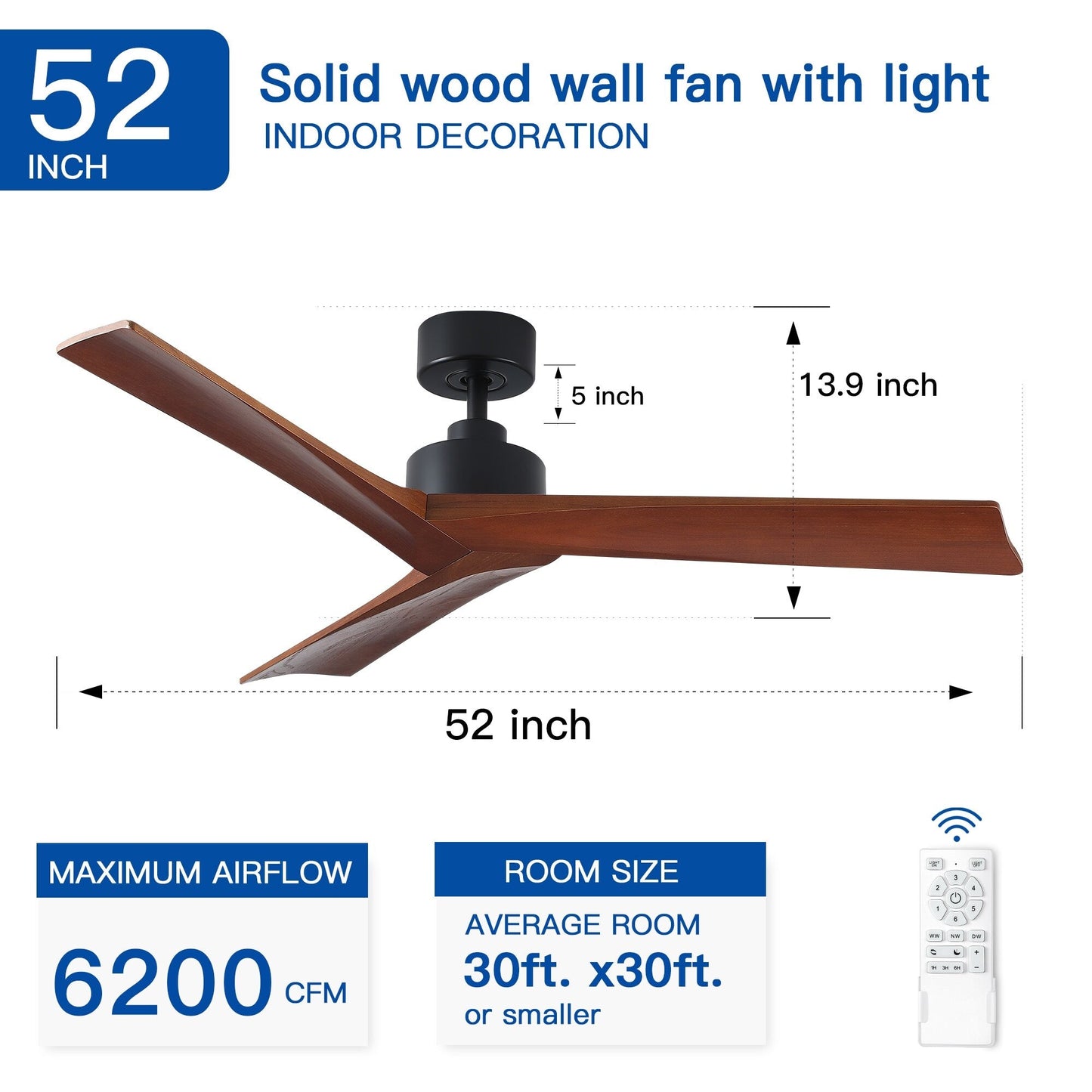 Ventilateur de plafond moderne de 52 pouces en bois massif/ABS avec télécommande (sans éclairage), 6 vitesses de ventilation, flux d'air réversible.