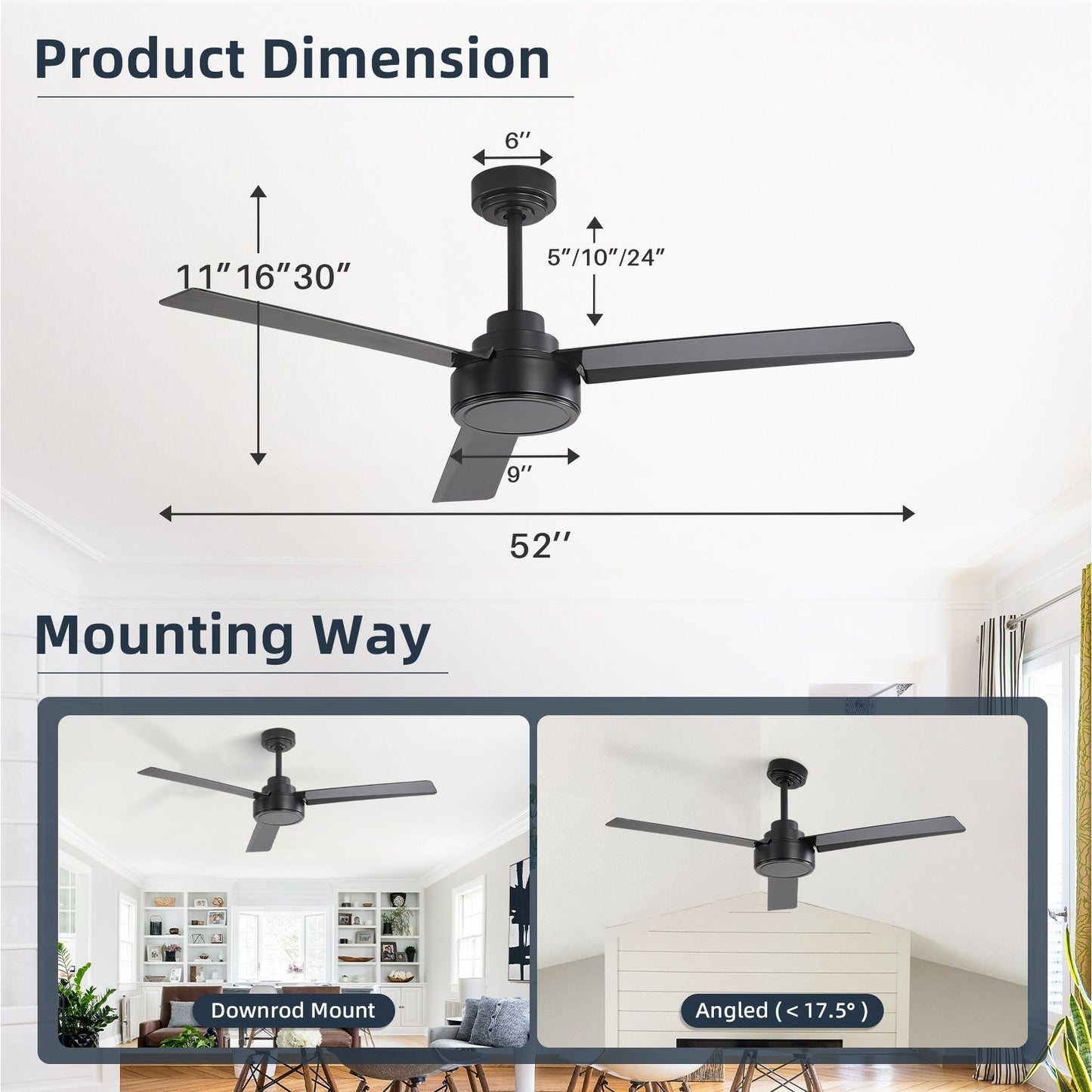 Ventilateur de plafond moderne de 52 pouces en bois massif/ABS avec télécommande (sans éclairage), 6 vitesses de ventilation, flux d'air réversible.