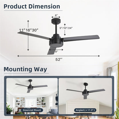 Ventilateur de plafond moderne de 52 pouces en bois massif/ABS avec télécommande (sans éclairage), 6 vitesses de ventilation, flux d'air réversible.