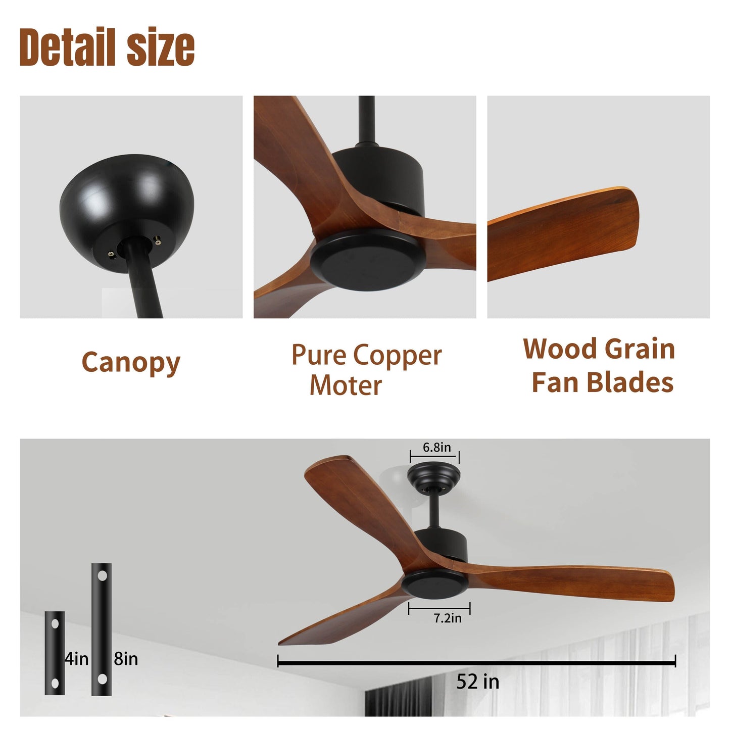 Ventilateur de plafond moderne de 52 pouces en bois massif/ABS avec télécommande (sans éclairage), 6 vitesses de ventilation, flux d'air réversible.