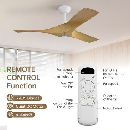 Ventilateur de plafond moderne de 52 pouces en bois massif/ABS avec télécommande (sans éclairage), 6 vitesses de ventilation, flux d'air réversible.