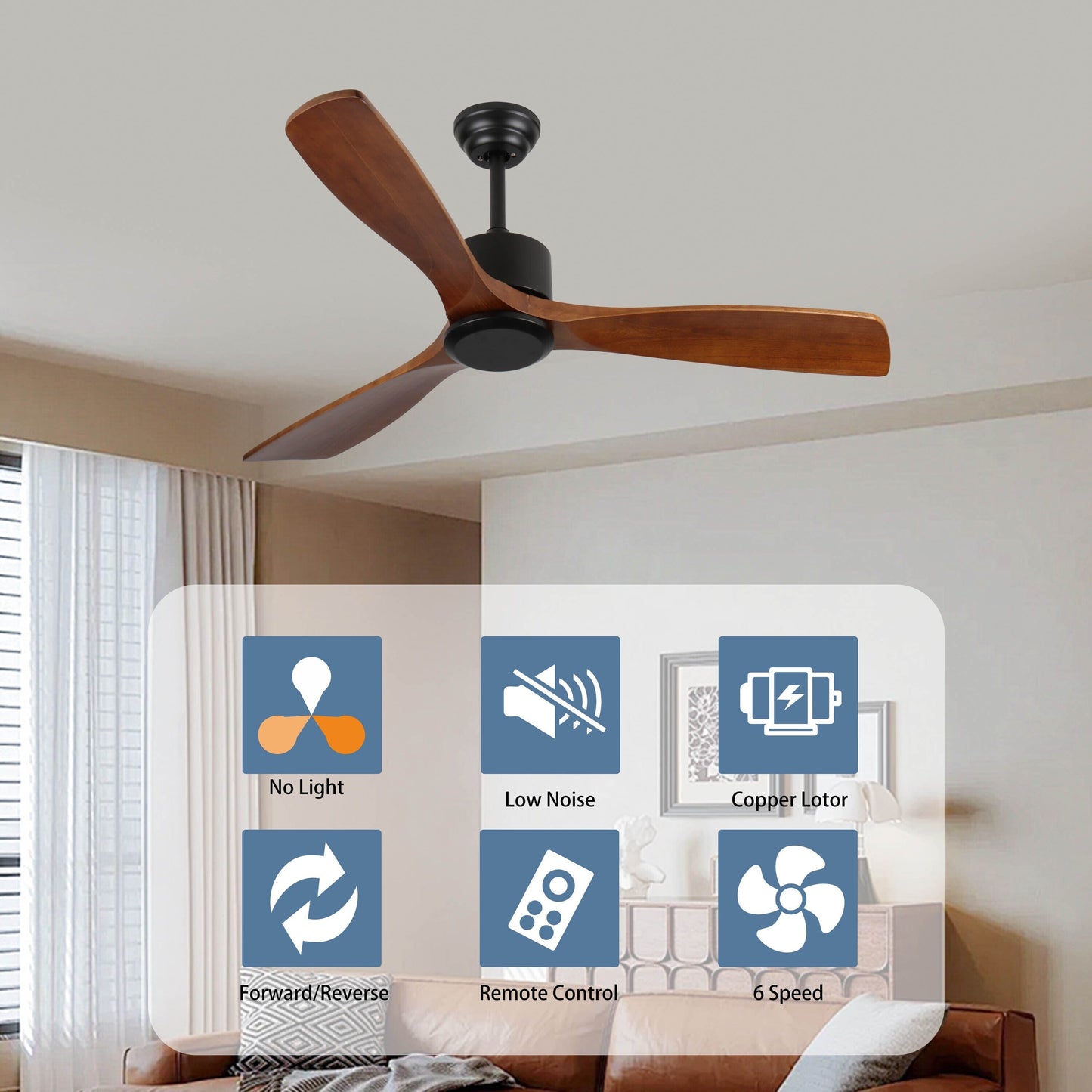 Ventilateur de plafond moderne de 52 pouces en bois massif/ABS avec télécommande (sans éclairage), 6 vitesses de ventilation, flux d'air réversible.