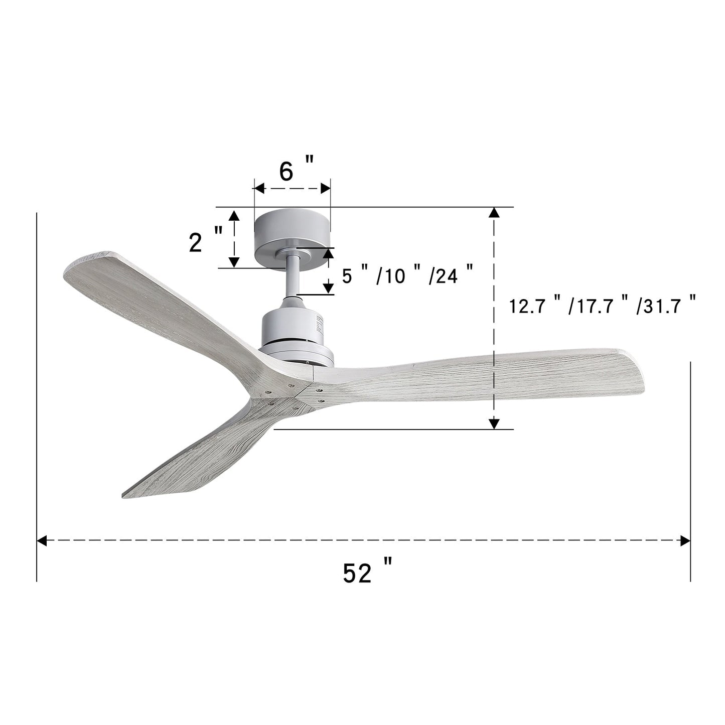 Ventilateur de plafond moderne de 52 pouces en bois massif/ABS avec télécommande (sans éclairage), 6 vitesses de ventilation, flux d'air réversible.