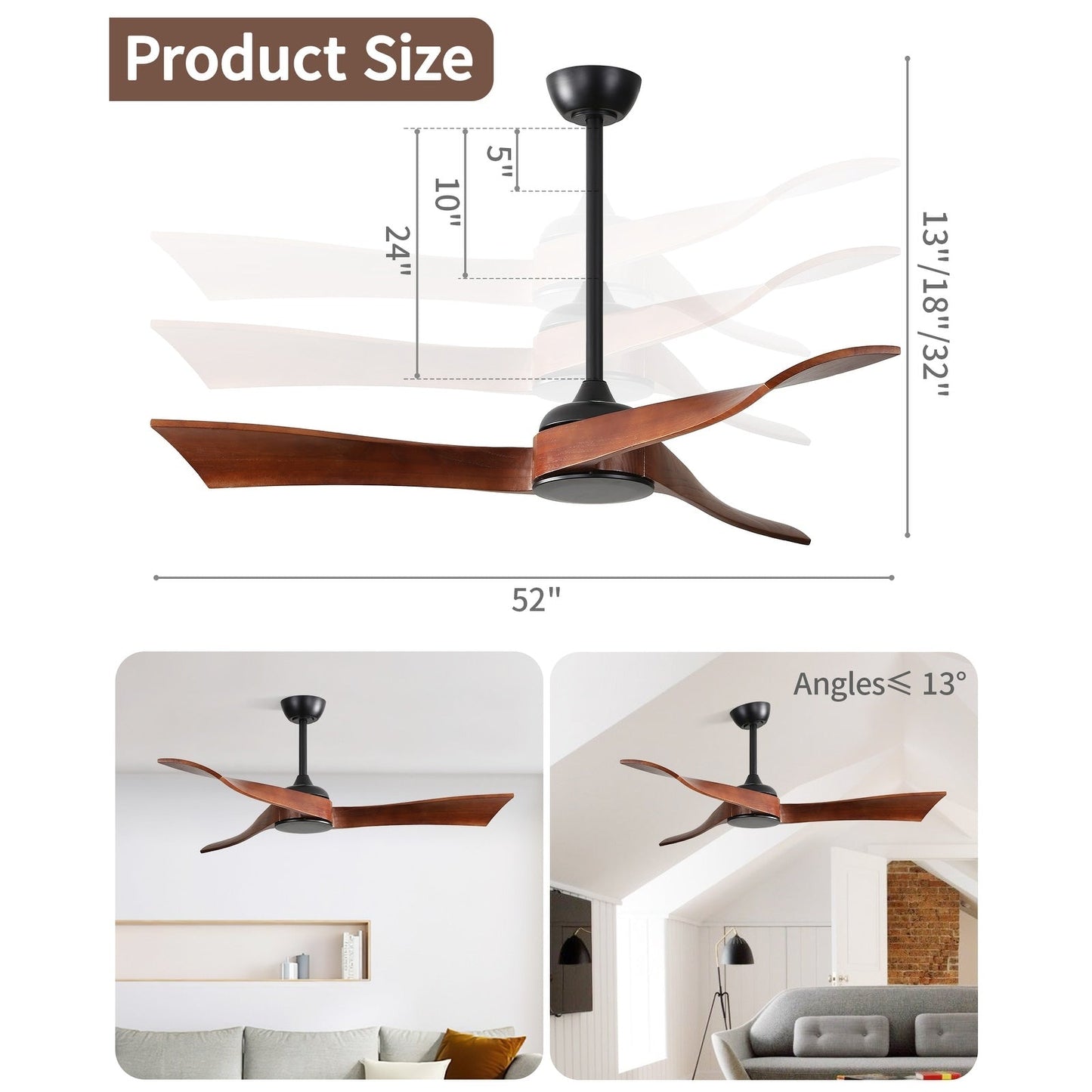 Ventilateur de plafond moderne de 52 pouces en bois massif/ABS avec télécommande (sans éclairage), 6 vitesses de ventilation, flux d'air réversible.