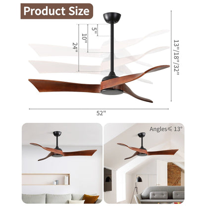 Ventilateur de plafond moderne de 52 pouces en bois massif/ABS avec télécommande (sans éclairage), 6 vitesses de ventilation, flux d'air réversible.