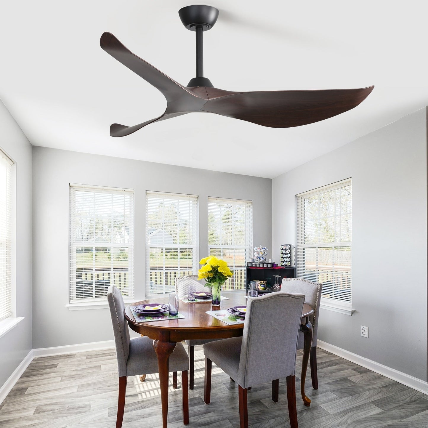 Ventilateur de plafond moderne de 52 pouces en bois massif/ABS avec télécommande (sans éclairage), 6 vitesses de ventilation, flux d'air réversible.