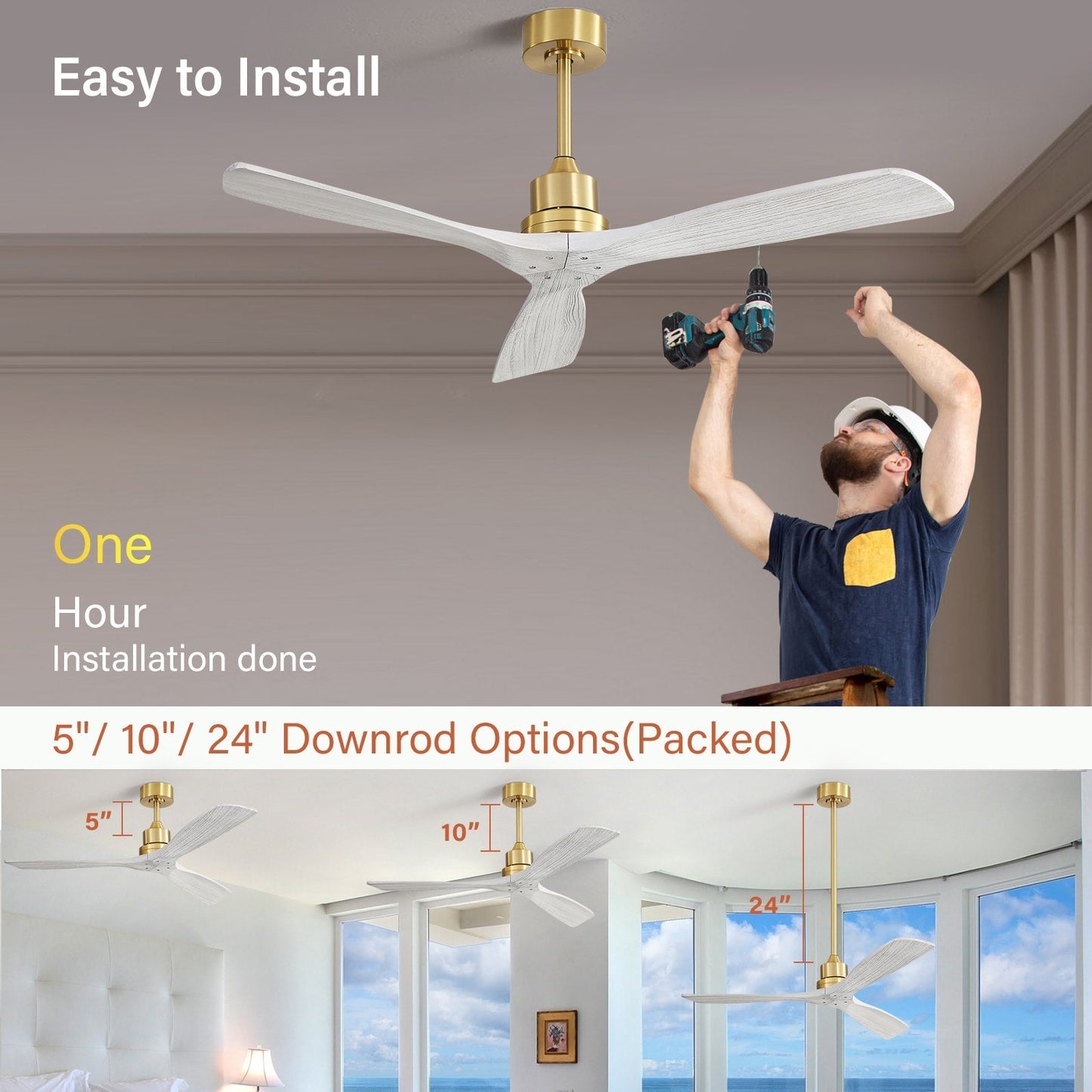 Ventilateur de plafond moderne de 52 pouces en bois massif/ABS avec télécommande (sans éclairage), 6 vitesses de ventilation, flux d'air réversible.